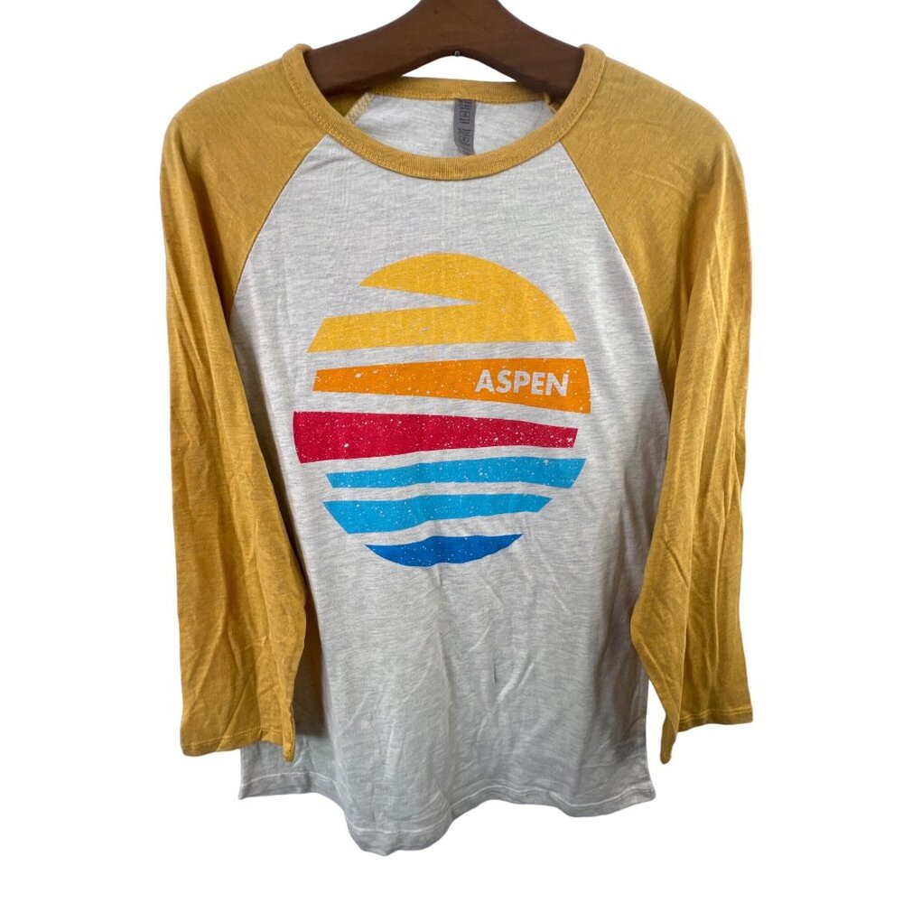 Aspen Crewneck Raglan T Shirt Size Medium 3/4 Sleeve Pullover Graphic Colorblock